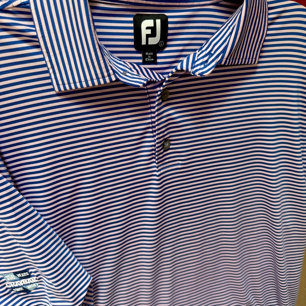 Footjoy LARGE Shirt Blue Pink Striped Polo Short Sleeve Golf Casual